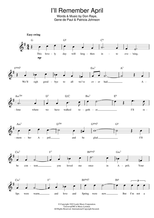 Preview Woody Herman I'll Remember April Folk sheet music, notes and chords for Melody Line, Lyrics & Chords, SKU: 14063 sheet music, piano notes, chords, guitar tabs, score, transpose, transcribe, how to play, guide, download, learn, tutorial, progression, song, artist, awards, billboard, mtv, vh1, tour, single, album, release