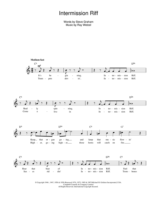 Preview Ray Wetzel Intermission Riff Jazz sheet music, notes and chords for Melody Line, Lyrics & Chords, SKU: 14065 sheet music, piano notes, chords, guitar tabs, score, transpose, transcribe, how to play, guide, download, learn, tutorial, progression, song, artist, awards, billboard, mtv, vh1, tour, single, album, release