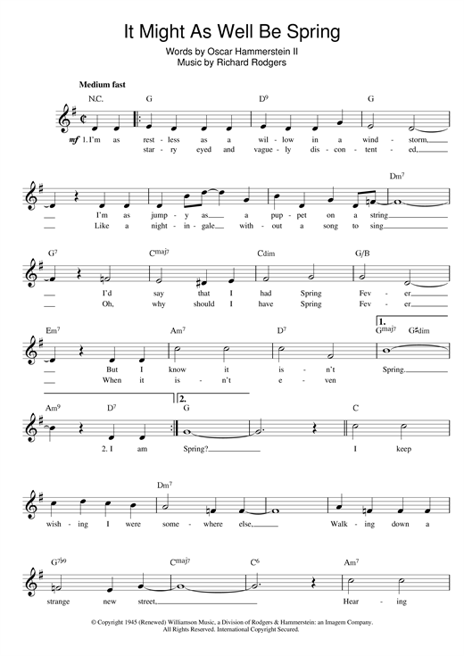 Preview Rodgers & Hammerstein It Might As Well Be Spring (from State Fair) Musicals sheet music, notes and chords for Melody Line, Lyrics & Chords, SKU: 14072 sheet music, piano notes, chords, guitar tabs, score, transpose, transcribe, how to play, guide, download, learn, tutorial, progression, song, artist, awards, billboard, mtv, vh1, tour, single, album, release