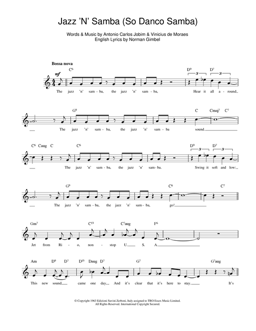 Preview Antonio Carlos Jobim Jazz 'n' Samba Jazz sheet music, notes and chords for Melody Line, Lyrics & Chords, SKU: 14074 sheet music, piano notes, chords, guitar tabs, score, transpose, transcribe, how to play, guide, download, learn, tutorial, progression, song, artist, awards, billboard, mtv, vh1, tour, single, album, release
