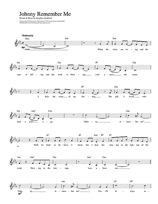 Preview Geoffrey Goddard Johnny Remember Me Pop sheet music, notes and chords for Melody Line, Lyrics & Chords, SKU: 14078 sheet music, piano notes, chords, guitar tabs, score, transpose, transcribe, how to play, guide, download, learn, tutorial, progression, song, artist, awards, billboard, mtv, vh1, tour, single, album, release