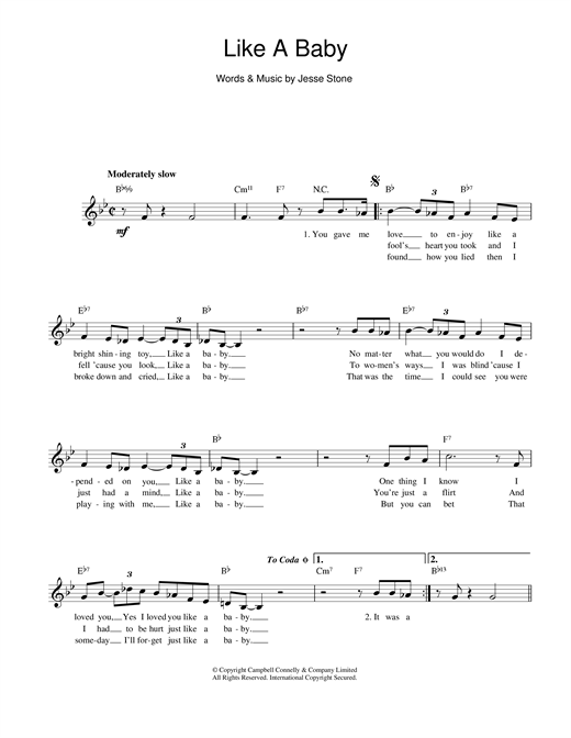 Preview Jesse Stone Like A Baby Rock N Roll sheet music, notes and chords for Melody Line, Lyrics & Chords, SKU: 14090 sheet music, piano notes, chords, guitar tabs, score, transpose, transcribe, how to play, guide, download, learn, tutorial, progression, song, artist, awards, billboard, mtv, vh1, tour, single, album, release