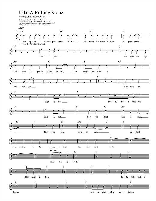 Preview Bob Dylan Like A Rolling Stone Rock sheet music, notes and chords for Melody Line, Lyrics & Chords, SKU: 14092 sheet music, piano notes, chords, guitar tabs, score, transpose, transcribe, how to play, guide, download, learn, tutorial, progression, song, artist, awards, billboard, mtv, vh1, tour, single, album, release
