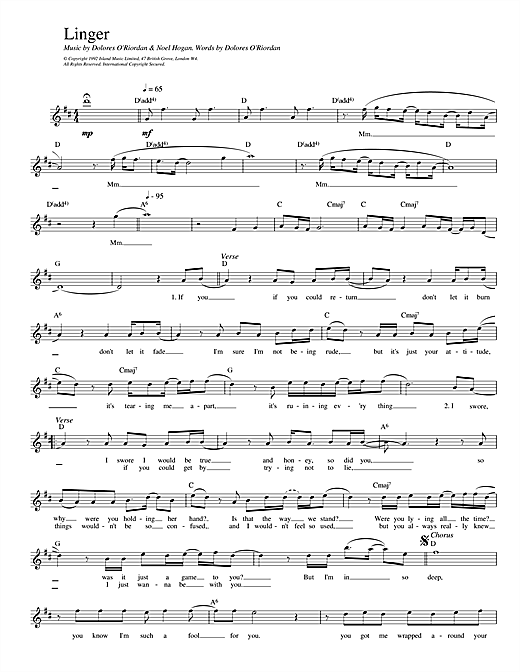 Preview The Cranberries Linger Rock sheet music, notes and chords for Melody Line, Lyrics & Chords, SKU: 14094 sheet music, piano notes, chords, guitar tabs, score, transpose, transcribe, how to play, guide, download, learn, tutorial, progression, song, artist, awards, billboard, mtv, vh1, tour, single, album, release