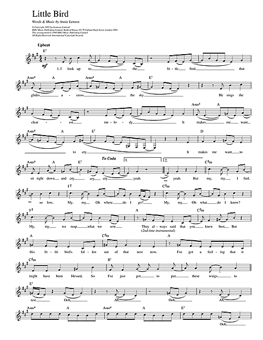 Preview Annie Lennox Little Bird Pop sheet music, notes and chords for Melody Line, Lyrics & Chords, SKU: 14095 sheet music, piano notes, chords, guitar tabs, score, transpose, transcribe, how to play, guide, download, learn, tutorial, progression, song, artist, awards, billboard, mtv, vh1, tour, single, album, release