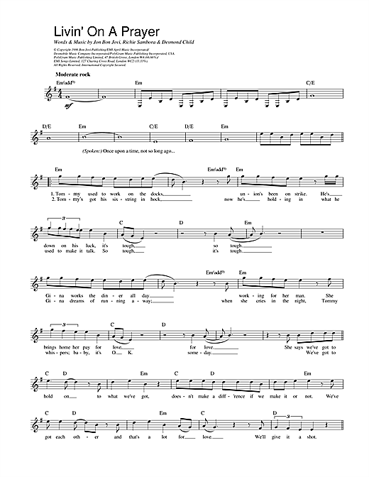 Preview Bon Jovi Livin' On A Prayer Rock sheet music, notes and chords for Melody Line, Lyrics & Chords, SKU: 14096 sheet music, piano notes, chords, guitar tabs, score, transpose, transcribe, how to play, guide, download, learn, tutorial, progression, song, artist, awards, billboard, mtv, vh1, tour, single, album, release