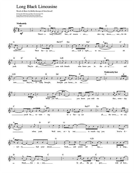 Preview Elvis Presley Long Black Limousine Country sheet music, notes and chords for Melody Line, Lyrics & Chords, SKU: 14099 sheet music, piano notes, chords, guitar tabs, score, transpose, transcribe, how to play, guide, download, learn, tutorial, progression, song, artist, awards, billboard, mtv, vh1, tour, single, album, release