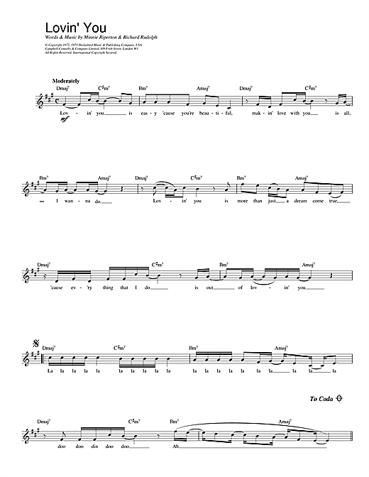 Preview Minnie Riperton Lovin' You Soul sheet music, notes and chords for Melody Line, Lyrics & Chords, SKU: 14103 sheet music, piano notes, chords, guitar tabs, score, transpose, transcribe, how to play, guide, download, learn, tutorial, progression, song, artist, awards, billboard, mtv, vh1, tour, single, album, release