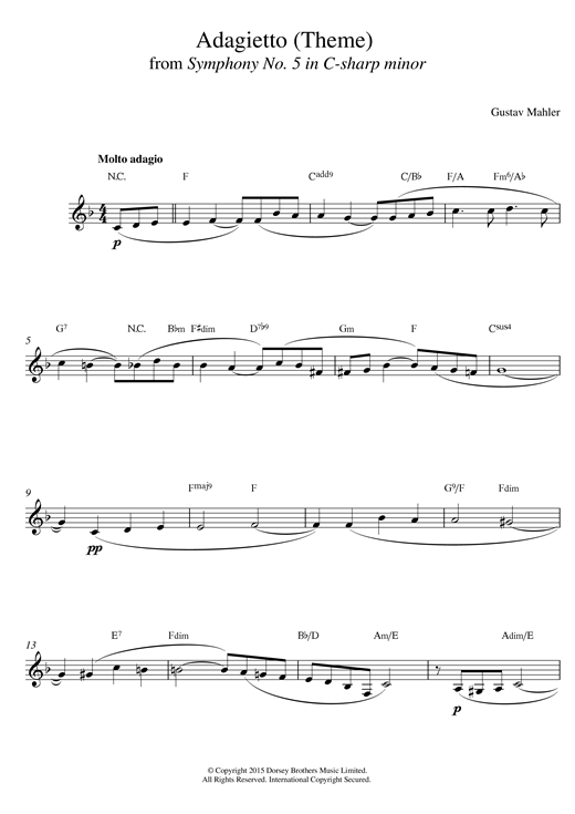 Preview Gustav Mahler Theme From Symphony No 5 Classical sheet music, notes and chords for Melody Line & Chords, SKU: 14105 sheet music, piano notes, chords, guitar tabs, score, transpose, transcribe, how to play, guide, download, learn, tutorial, progression, song, artist, awards, billboard, mtv, vh1, tour, single, album, release
