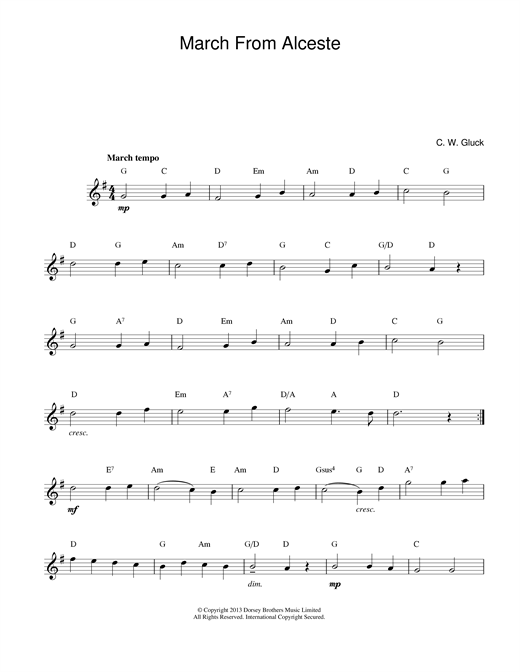 Preview Christoph Willibald von Gluck March From Alceste Classical sheet music, notes and chords for Melody Line & Chords, SKU: 14107 sheet music, piano notes, chords, guitar tabs, score, transpose, transcribe, how to play, guide, download, learn, tutorial, progression, song, artist, awards, billboard, mtv, vh1, tour, single, album, release