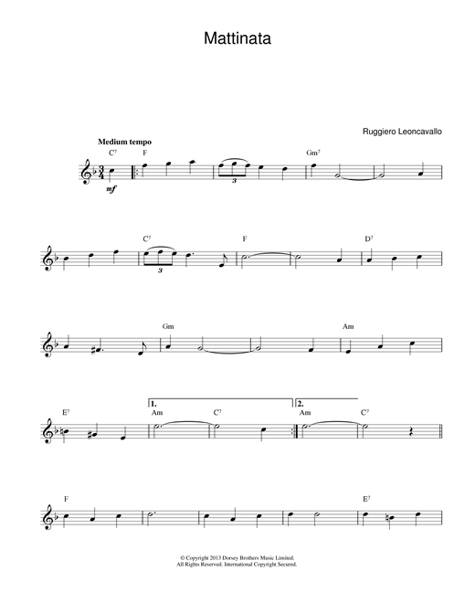 Preview Ruggero Leoncavallo Mattinata Classical sheet music, notes and chords for Melody Line & Chords, SKU: 14109 sheet music, piano notes, chords, guitar tabs, score, transpose, transcribe, how to play, guide, download, learn, tutorial, progression, song, artist, awards, billboard, mtv, vh1, tour, single, album, release
