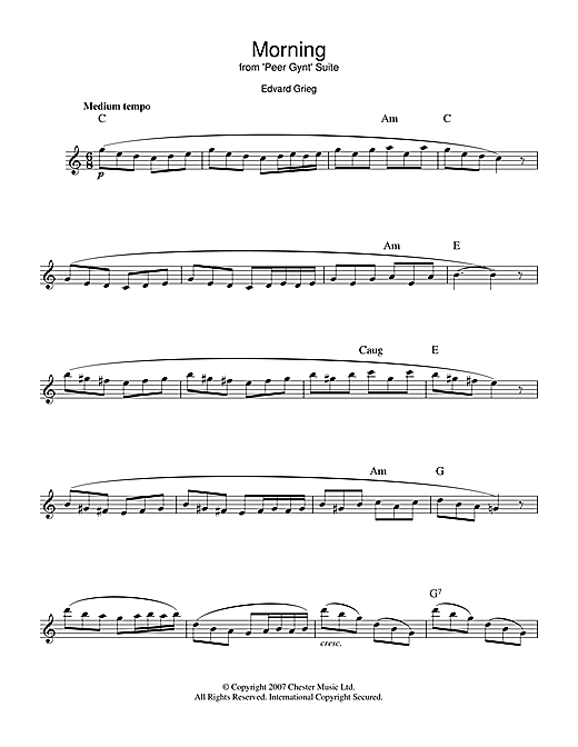 Preview Edvard Grieg Morning (from Peer Gynt Suite No.1) Classical sheet music, notes and chords for Melody Line & Chords, SKU: 14113 sheet music, piano notes, chords, guitar tabs, score, transpose, transcribe, how to play, guide, download, learn, tutorial, progression, song, artist, awards, billboard, mtv, vh1, tour, single, album, release