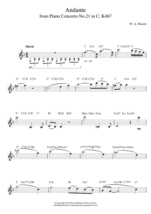 Preview Wolfgang Amadeus Mozart Andante from Piano Concerto in C Major (Elvira Madigan) K467 Classical sheet music, notes and chords for Melody Line & Chords, SKU: 14115 sheet music, piano notes, chords, guitar tabs, score, transpose, transcribe, how to play, guide, download, learn, tutorial, progression, song, artist, awards, billboard, mtv, vh1, tour, single, album, release