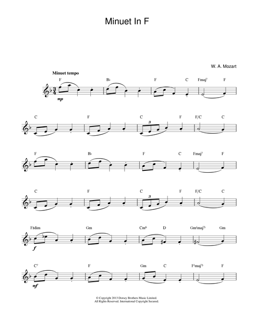 Preview Wolfgang Amadeus Mozart Minuet in F, K2 Classical sheet music, notes and chords for Melody Line & Chords, SKU: 14117 sheet music, piano notes, chords, guitar tabs, score, transpose, transcribe, how to play, guide, download, learn, tutorial, progression, song, artist, awards, billboard, mtv, vh1, tour, single, album, release