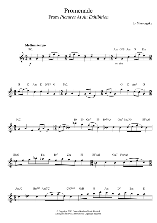 Preview Modest Mussorgsky Promenade (from Pictures At An Exhibition) Classical sheet music, notes and chords for Melody Line & Chords, SKU: 14121 sheet music, piano notes, chords, guitar tabs, score, transpose, transcribe, how to play, guide, download, learn, tutorial, progression, song, artist, awards, billboard, mtv, vh1, tour, single, album, release