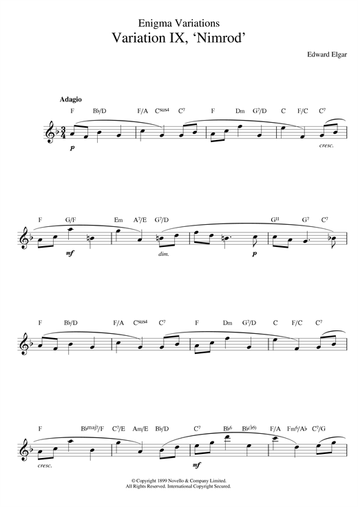 Preview Edward Elgar Nimrod (from Enigma Variations Op.36) Classical sheet music, notes and chords for Melody Line & Chords, SKU: 14124 sheet music, piano notes, chords, guitar tabs, score, transpose, transcribe, how to play, guide, download, learn, tutorial, progression, song, artist, awards, billboard, mtv, vh1, tour, single, album, release
