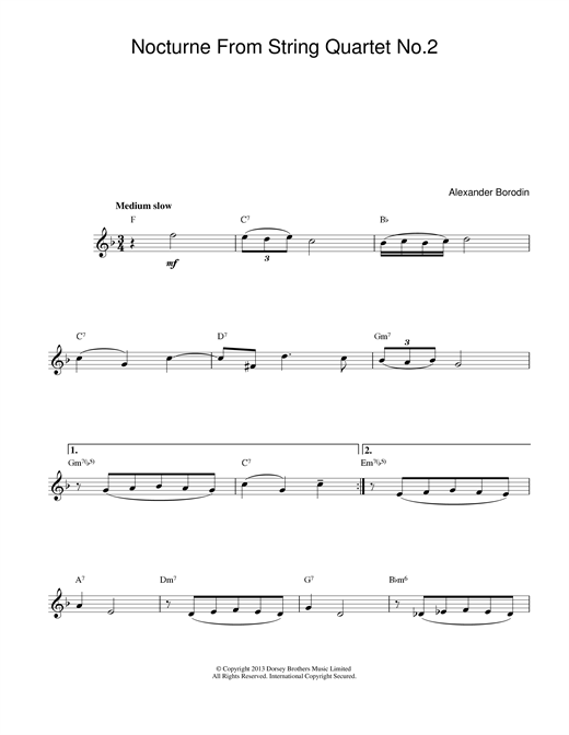 Preview Alexander Borodin Nocturne From String Quartet No.2 Classical sheet music, notes and chords for Melody Line & Chords, SKU: 14125 sheet music, piano notes, chords, guitar tabs, score, transpose, transcribe, how to play, guide, download, learn, tutorial, progression, song, artist, awards, billboard, mtv, vh1, tour, single, album, release