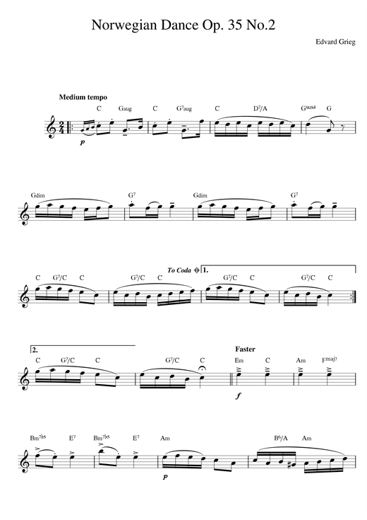 Preview Edvard Grieg Norwegian Dance No. 2 Op. 35 Classical sheet music, notes and chords for Melody Line & Chords, SKU: 14127 sheet music, piano notes, chords, guitar tabs, score, transpose, transcribe, how to play, guide, download, learn, tutorial, progression, song, artist, awards, billboard, mtv, vh1, tour, single, album, release