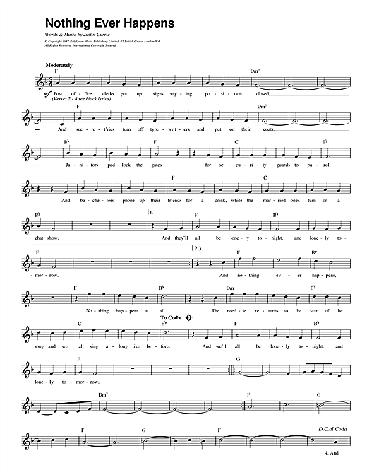 Preview Del Amitri Nothing Ever Happens Rock sheet music, notes and chords for Melody Line, Lyrics & Chords, SKU: 14128 sheet music, piano notes, chords, guitar tabs, score, transpose, transcribe, how to play, guide, download, learn, tutorial, progression, song, artist, awards, billboard, mtv, vh1, tour, single, album, release