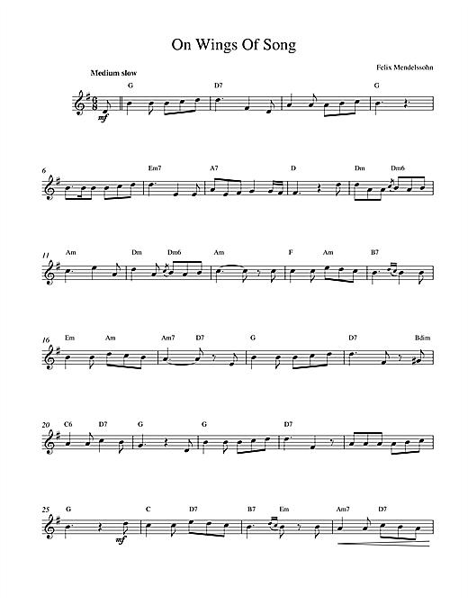 Preview Felix Mendelssohn On Wings Of Song Classical sheet music, notes and chords for Melody Line & Chords, SKU: 14132 sheet music, piano notes, chords, guitar tabs, score, transpose, transcribe, how to play, guide, download, learn, tutorial, progression, song, artist, awards, billboard, mtv, vh1, tour, single, album, release