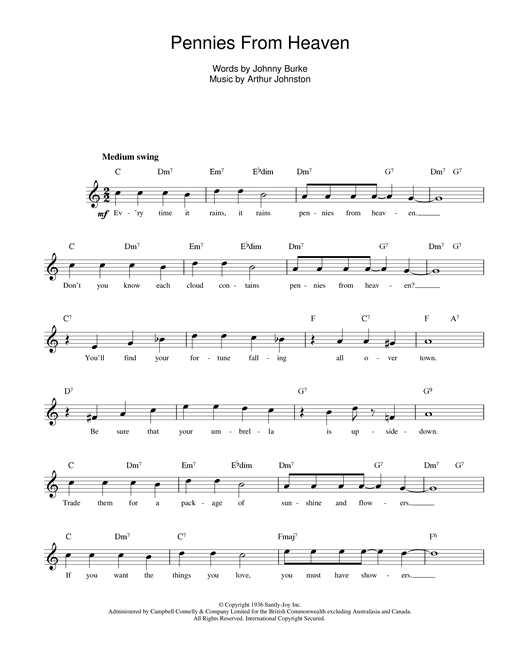 Preview Johnny Burke and Arthur Johnston Pennies From Heaven Jazz sheet music, notes and chords for Melody Line, Lyrics & Chords, SKU: 14135 sheet music, piano notes, chords, guitar tabs, score, transpose, transcribe, how to play, guide, download, learn, tutorial, progression, song, artist, awards, billboard, mtv, vh1, tour, single, album, release