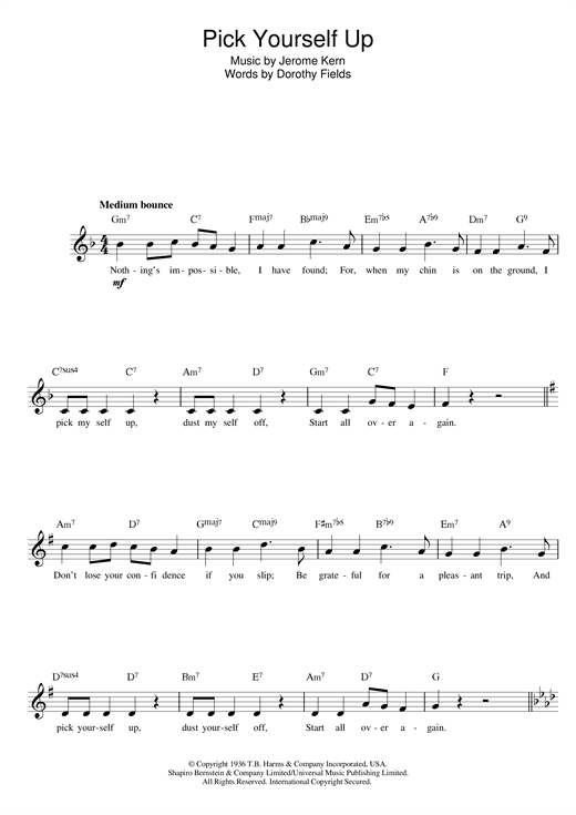 Preview Jerome Kern & Dorothy Fields Pick Yourself Up Musicals sheet music, notes and chords for Melody Line, Lyrics & Chords, SKU: 14137 sheet music, piano notes, chords, guitar tabs, score, transpose, transcribe, how to play, guide, download, learn, tutorial, progression, song, artist, awards, billboard, mtv, vh1, tour, single, album, release