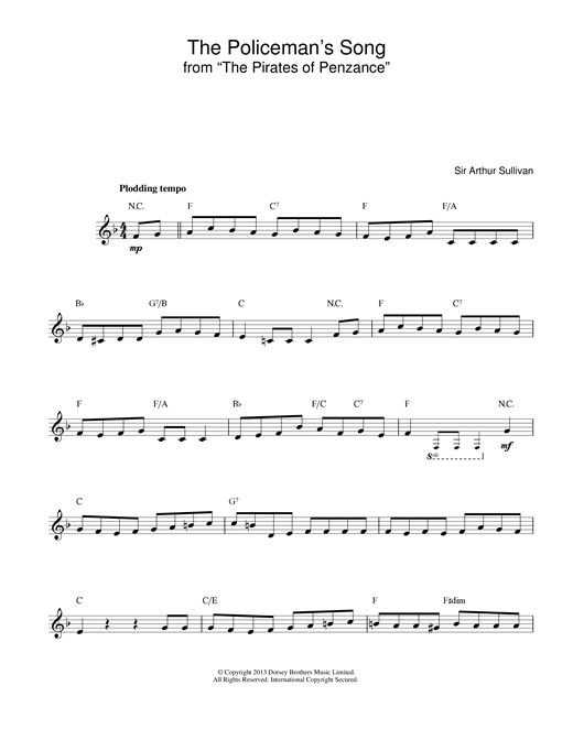 Preview Arthur Seymour Sullivan Policeman's Song (from The Pirates Of Penzance) Musicals sheet music, notes and chords for Melody Line & Chords, SKU: 14142 sheet music, piano notes, chords, guitar tabs, score, transpose, transcribe, how to play, guide, download, learn, tutorial, progression, song, artist, awards, billboard, mtv, vh1, tour, single, album, release