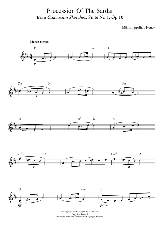 Preview Ivanov Ippolitov Procession Of The Sardar Classical sheet music, notes and chords for Melody Line & Chords, SKU: 14144 sheet music, piano notes, chords, guitar tabs, score, transpose, transcribe, how to play, guide, download, learn, tutorial, progression, song, artist, awards, billboard, mtv, vh1, tour, single, album, release