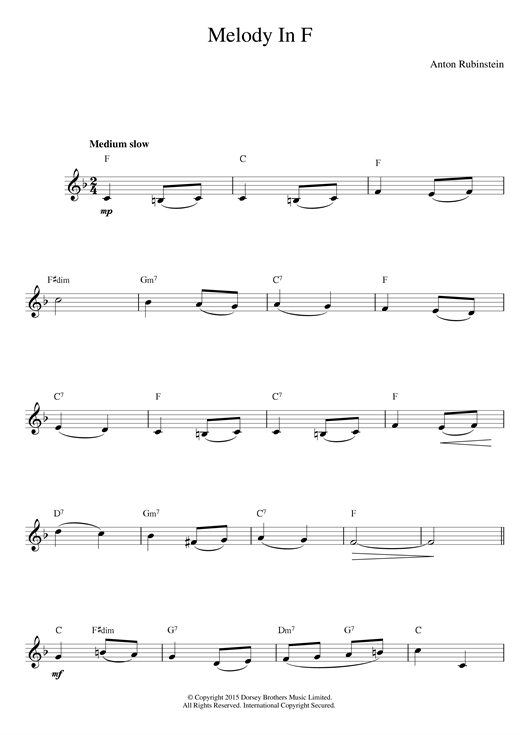 Preview Anton Rubinstein Melody In F Classical sheet music, notes and chords for Melody Line & Chords, SKU: 14153 sheet music, piano notes, chords, guitar tabs, score, transpose, transcribe, how to play, guide, download, learn, tutorial, progression, song, artist, awards, billboard, mtv, vh1, tour, single, album, release