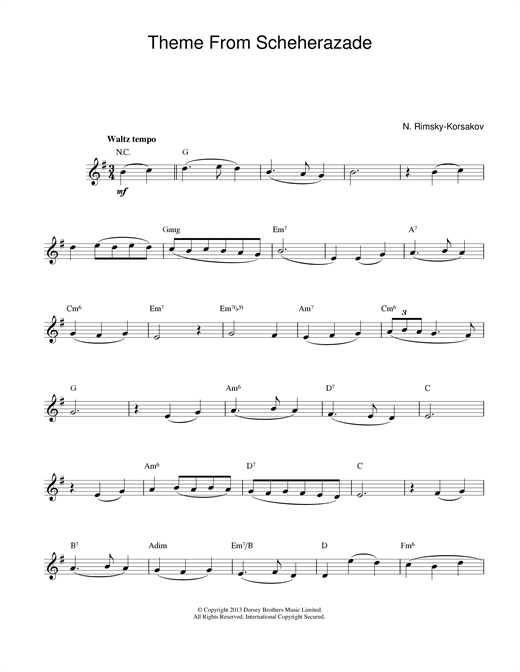 Preview Nikolai Rimsky-Korsakov Theme from Scheherazade Classical sheet music, notes and chords for Melody Line & Chords, SKU: 14159 sheet music, piano notes, chords, guitar tabs, score, transpose, transcribe, how to play, guide, download, learn, tutorial, progression, song, artist, awards, billboard, mtv, vh1, tour, single, album, release