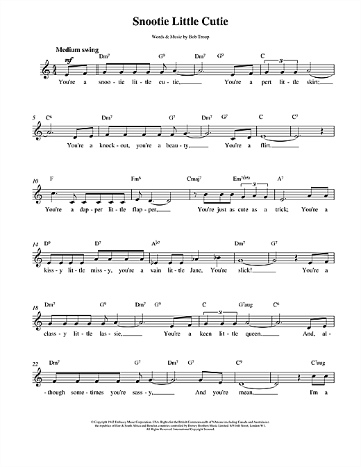 Preview Bobby Troup Snootie Little Cutie Pop sheet music, notes and chords for Melody Line, Lyrics & Chords, SKU: 14167 sheet music, piano notes, chords, guitar tabs, score, transpose, transcribe, how to play, guide, download, learn, tutorial, progression, song, artist, awards, billboard, mtv, vh1, tour, single, album, release