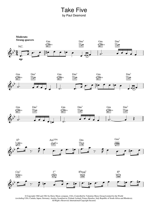 Preview Dave Brubeck Take Five Jazz sheet music, notes and chords for Melody Line & Chords, SKU: 14175 sheet music, piano notes, chords, guitar tabs, score, transpose, transcribe, how to play, guide, download, learn, tutorial, progression, song, artist, awards, billboard, mtv, vh1, tour, single, album, release