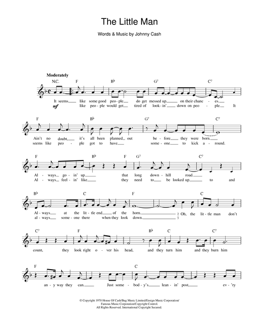 Preview Johnny Cash The Little Man Country sheet music, notes and chords for Melody Line, Lyrics & Chords, SKU: 14187 sheet music, piano notes, chords, guitar tabs, score, transpose, transcribe, how to play, guide, download, learn, tutorial, progression, song, artist, awards, billboard, mtv, vh1, tour, single, album, release