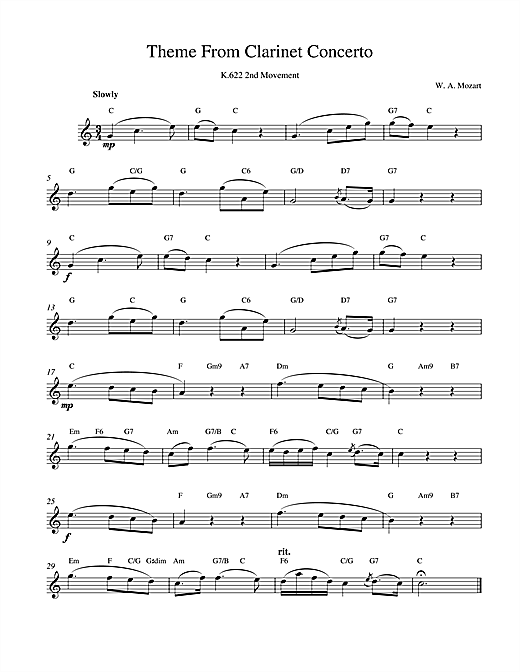 Preview Wolfgang Amadeus Mozart Slow Movement Theme (from Clarinet Concerto K622) Classical sheet music, notes and chords for Melody Line & Chords, SKU: 14188 sheet music, piano notes, chords, guitar tabs, score, transpose, transcribe, how to play, guide, download, learn, tutorial, progression, song, artist, awards, billboard, mtv, vh1, tour, single, album, release