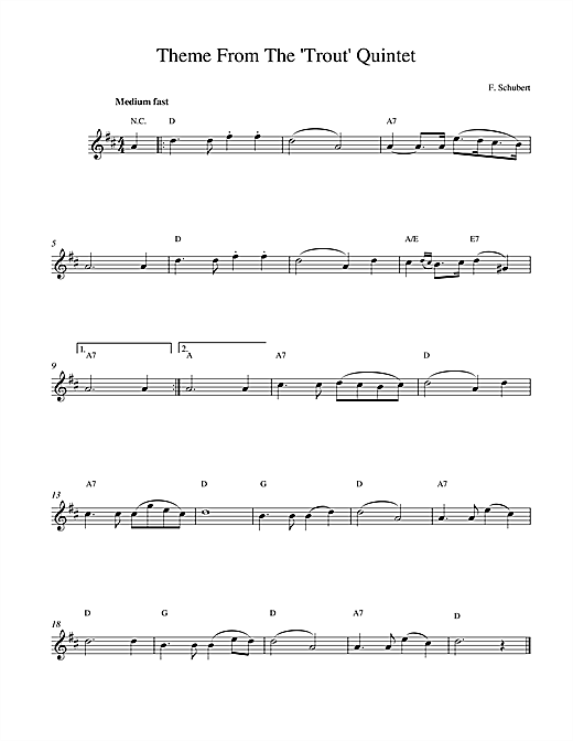 Preview Franz Schubert Theme From The Trout Quintet (Die Forelle) Classical sheet music, notes and chords for Melody Line & Chords, SKU: 14189 sheet music, piano notes, chords, guitar tabs, score, transpose, transcribe, how to play, guide, download, learn, tutorial, progression, song, artist, awards, billboard, mtv, vh1, tour, single, album, release