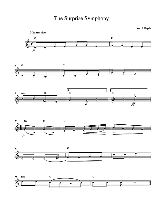 Preview Franz Joseph Haydn The Surprise Symphony Classical sheet music, notes and chords for Melody Line & Chords, SKU: 14195 sheet music, piano notes, chords, guitar tabs, score, transpose, transcribe, how to play, guide, download, learn, tutorial, progression, song, artist, awards, billboard, mtv, vh1, tour, single, album, release