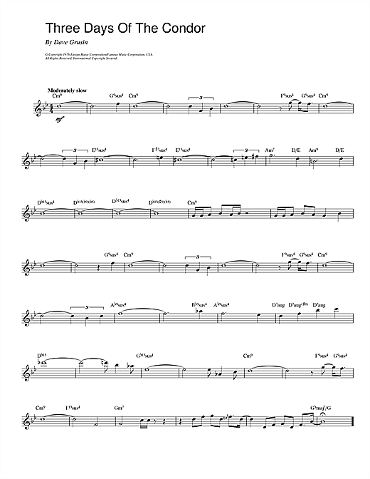 Preview Dave Grusin Three Days Of The Condor Jazz sheet music, notes and chords for Melody Line & Chords, SKU: 14197 sheet music, piano notes, chords, guitar tabs, score, transpose, transcribe, how to play, guide, download, learn, tutorial, progression, song, artist, awards, billboard, mtv, vh1, tour, single, album, release