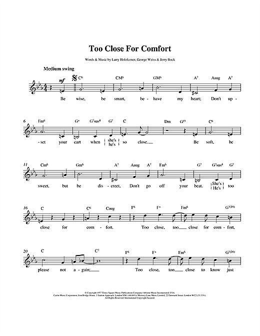 Preview Larry Holofcener Too Close For Comfort Pop sheet music, notes and chords for Melody Line, Lyrics & Chords, SKU: 14200 sheet music, piano notes, chords, guitar tabs, score, transpose, transcribe, how to play, guide, download, learn, tutorial, progression, song, artist, awards, billboard, mtv, vh1, tour, single, album, release