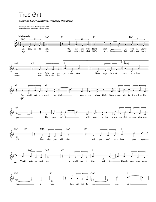 Preview Don Black and Elmer Bernstein True Grit Pop sheet music, notes and chords for Melody Line, Lyrics & Chords, SKU: 14203 sheet music, piano notes, chords, guitar tabs, score, transpose, transcribe, how to play, guide, download, learn, tutorial, progression, song, artist, awards, billboard, mtv, vh1, tour, single, album, release