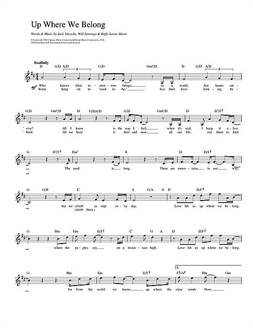 Preview Joe Cocker and Jennifer Warnes Up Where We Belong (from An Officer And A Gentleman) Pop sheet music, notes and chords for Melody Line, Lyrics & Chords, SKU: 14207 sheet music, piano notes, chords, guitar tabs, score, transpose, transcribe, how to play, guide, download, learn, tutorial, progression, song, artist, awards, billboard, mtv, vh1, tour, single, album, release