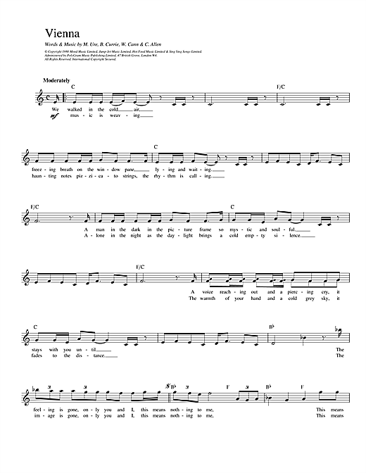 Preview Ultravox Vienna Pop sheet music, notes and chords for Melody Line, Lyrics & Chords, SKU: 14210 sheet music, piano notes, chords, guitar tabs, score, transpose, transcribe, how to play, guide, download, learn, tutorial, progression, song, artist, awards, billboard, mtv, vh1, tour, single, album, release