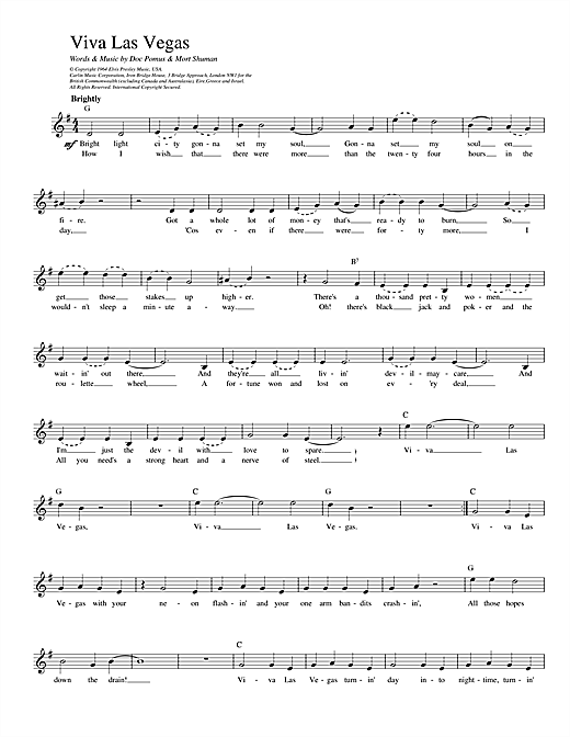 Preview Elvis Presley Viva Las Vegas Pop sheet music, notes and chords for Melody Line, Lyrics & Chords, SKU: 14211 sheet music, piano notes, chords, guitar tabs, score, transpose, transcribe, how to play, guide, download, learn, tutorial, progression, song, artist, awards, billboard, mtv, vh1, tour, single, album, release