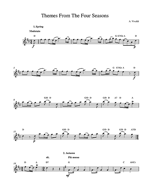 Preview Antonio Vivaldi Themes from The Four Seasons Classical sheet music, notes and chords for Melody Line & Chords, SKU: 14212 sheet music, piano notes, chords, guitar tabs, score, transpose, transcribe, how to play, guide, download, learn, tutorial, progression, song, artist, awards, billboard, mtv, vh1, tour, single, album, release