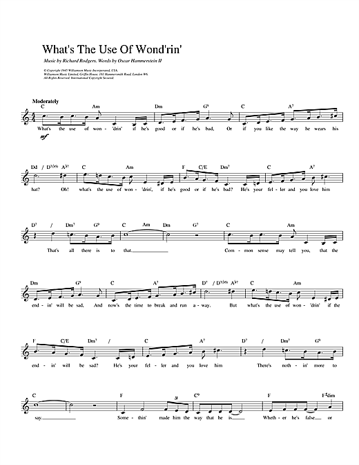 Preview Rodgers & Hammerstein What's The Use Of Wond'rin' Musicals sheet music, notes and chords for Melody Line, Lyrics & Chords, SKU: 14223 sheet music, piano notes, chords, guitar tabs, score, transpose, transcribe, how to play, guide, download, learn, tutorial, progression, song, artist, awards, billboard, mtv, vh1, tour, single, album, release