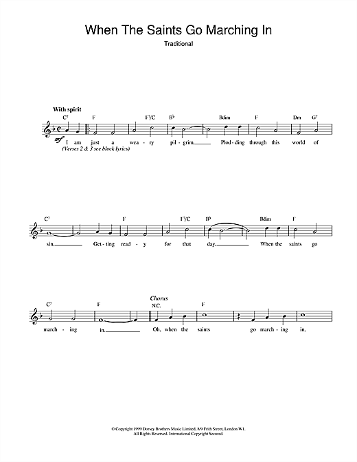 Preview African-American Spiritual When The Saints Go Marching In Folk sheet music, notes and chords for Melody Line, Lyrics & Chords, SKU: 14226 sheet music, piano notes, chords, guitar tabs, score, transpose, transcribe, how to play, guide, download, learn, tutorial, progression, song, artist, awards, billboard, mtv, vh1, tour, single, album, release
