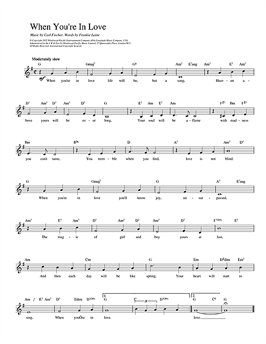Preview Fischer and Laine When You're In Love Pop sheet music, notes and chords for Melody Line, Lyrics & Chords, SKU: 14227 sheet music, piano notes, chords, guitar tabs, score, transpose, transcribe, how to play, guide, download, learn, tutorial, progression, song, artist, awards, billboard, mtv, vh1, tour, single, album, release