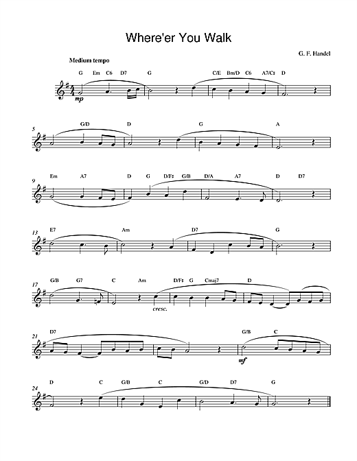 Preview George Frideric Handel Where'er You Walk Classical sheet music, notes and chords for Melody Line & Chords, SKU: 14230 sheet music, piano notes, chords, guitar tabs, score, transpose, transcribe, how to play, guide, download, learn, tutorial, progression, song, artist, awards, billboard, mtv, vh1, tour, single, album, release
