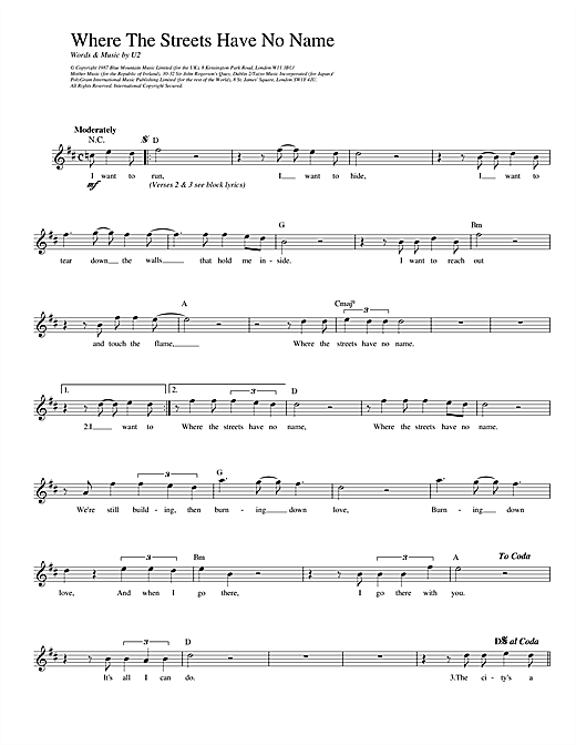 Preview U2 Where The Streets Have No Name Rock sheet music, notes and chords for Melody Line, Lyrics & Chords, SKU: 14231 sheet music, piano notes, chords, guitar tabs, score, transpose, transcribe, how to play, guide, download, learn, tutorial, progression, song, artist, awards, billboard, mtv, vh1, tour, single, album, release