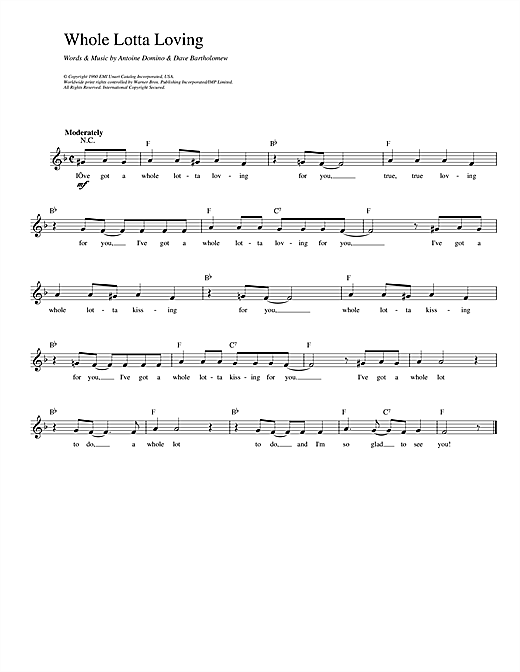 Preview Fats Domino Whole Lotta Loving Rock N Roll sheet music, notes and chords for Melody Line, Lyrics & Chords, SKU: 14236 sheet music, piano notes, chords, guitar tabs, score, transpose, transcribe, how to play, guide, download, learn, tutorial, progression, song, artist, awards, billboard, mtv, vh1, tour, single, album, release