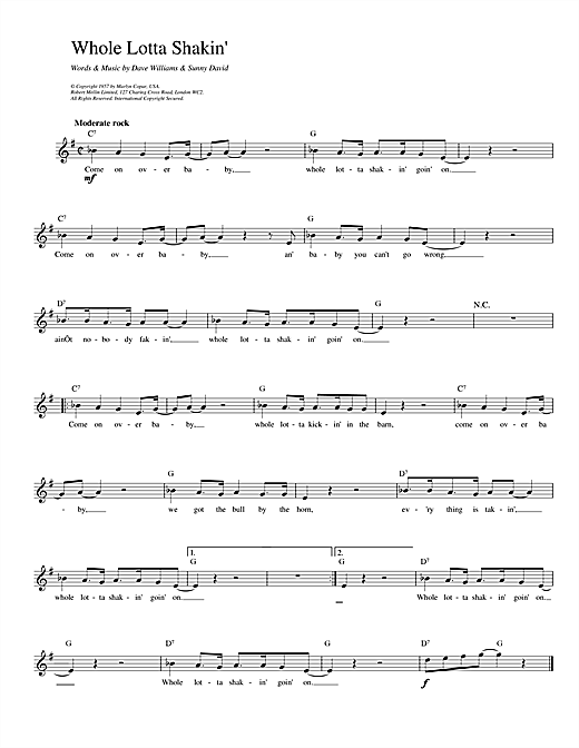 Preview Dave Williams Whole Lotta Shakin' Pop sheet music, notes and chords for Melody Line, Lyrics & Chords, SKU: 14237 sheet music, piano notes, chords, guitar tabs, score, transpose, transcribe, how to play, guide, download, learn, tutorial, progression, song, artist, awards, billboard, mtv, vh1, tour, single, album, release
